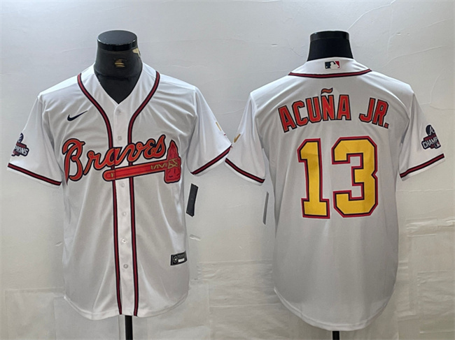 Men's Atlanta Braves #13 Ronald Acuña Jr. White Gold World Series Champions Cool Base Stitched Baseball Jersey Men's Atlanta Braves #13 Ronald Acuña Jr. White Gold World Series Champions Cool Base Stitched Baseball Jersey